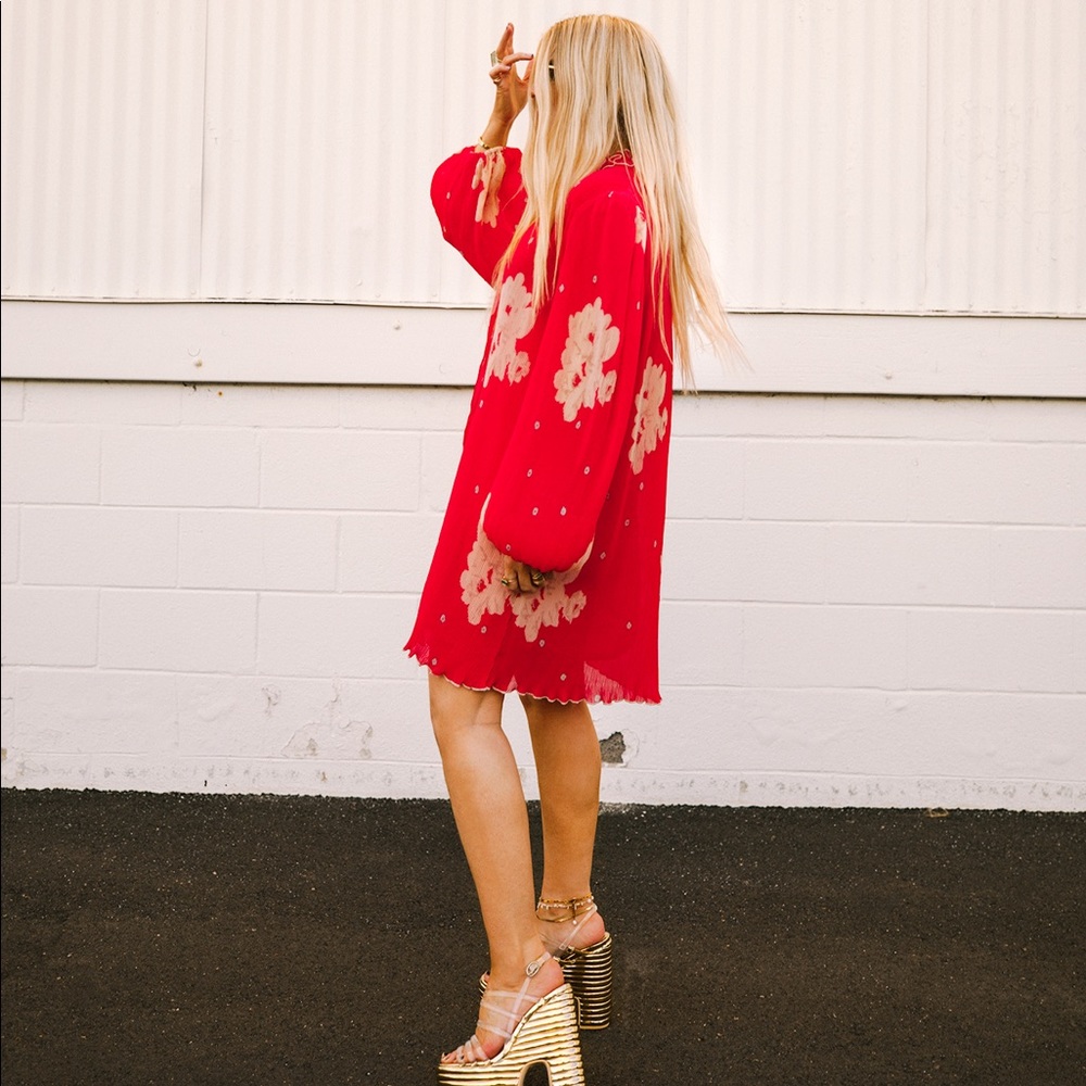 Pleated Ruffle Neck Mini Dress